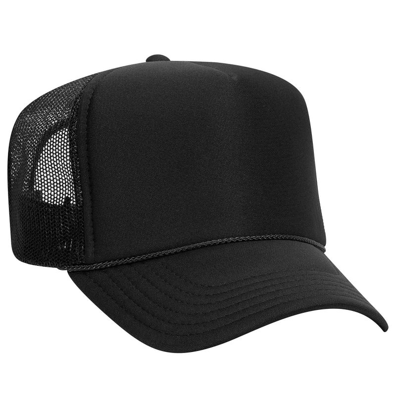 OTTO Wholesale 12 x Polyester Foam Front 5 Panel High Crown Mesh Back Trucker Hat - Black - (12 Pcs) - Image 1